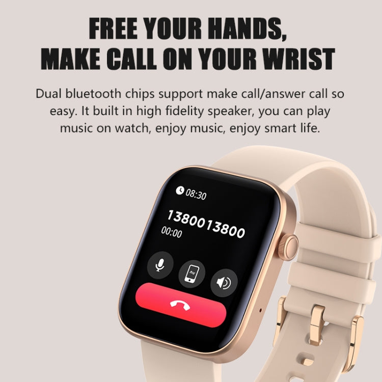 Beige square smartwatch with beige silicone strap, call controls on the screen