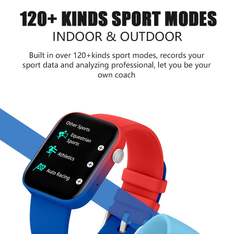Red smartwatch with blue silicone strap showing sport menu on a square TFT display