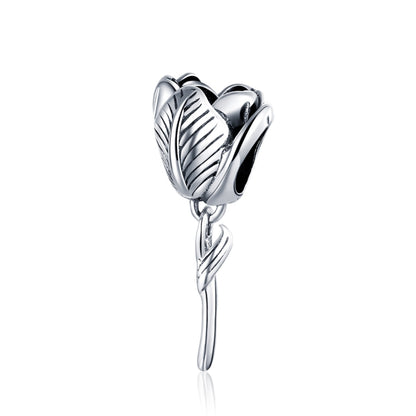 Sterling silver tulip charm bead with wavy ridges and small hanging stem