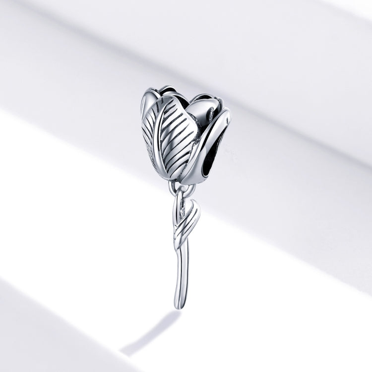 Sterling silver tulip charm bead with ridged tulip top and dangling stem