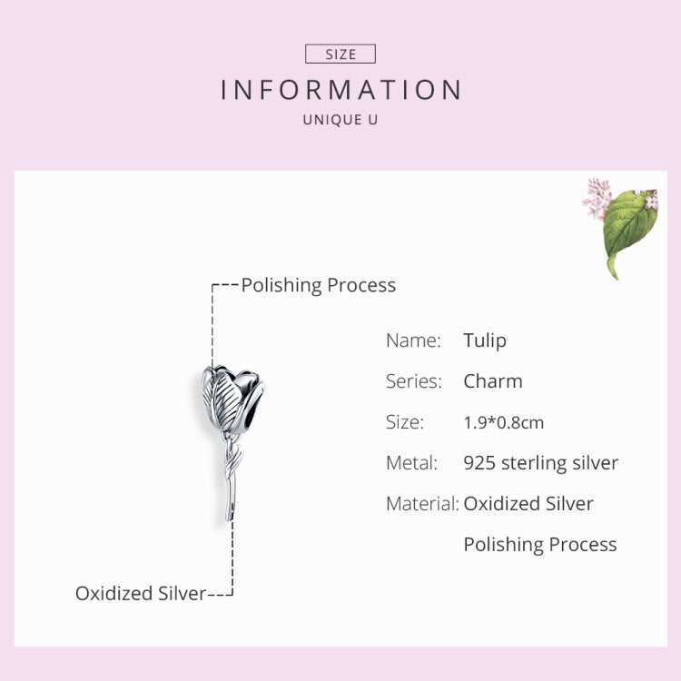 Sterling silver tulip charm bead on a chain, shown full length with stem