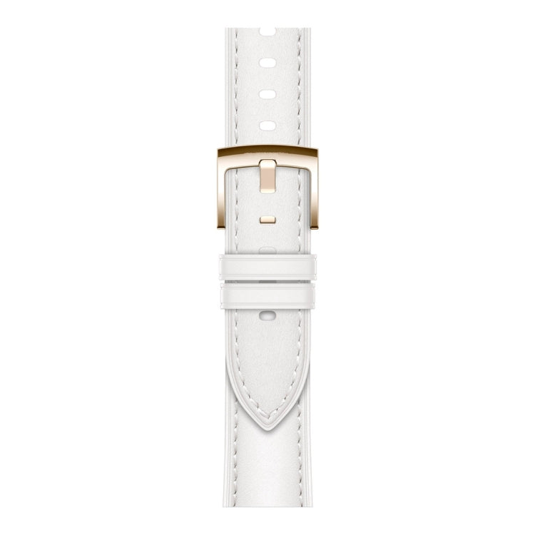 Genuine leather watch band, white, side view with buckle and stitching