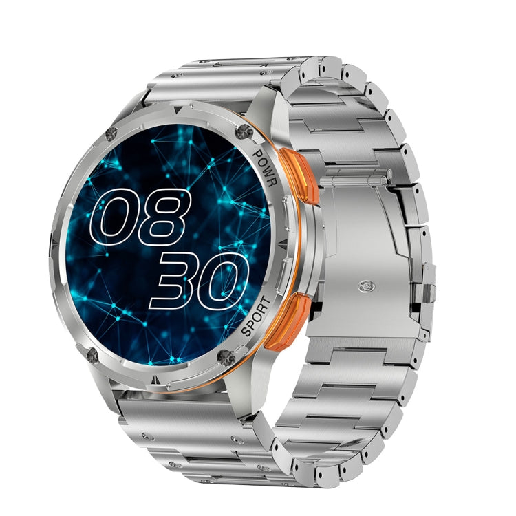 Silver round smart watch with blue digital display and metal bracelet strap