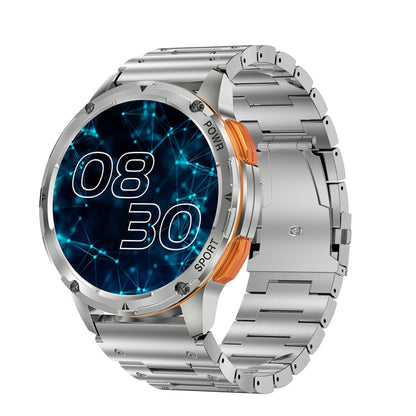Silver round smart watch with blue digital display and metal bracelet strap