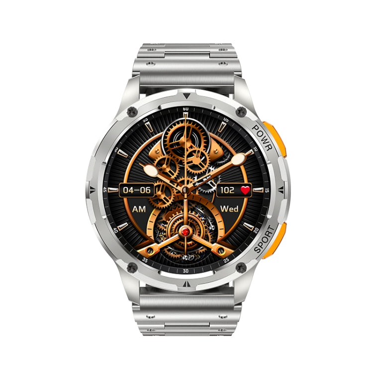 Round smart watch with black dial, orange gears design, and metal bracelet strap