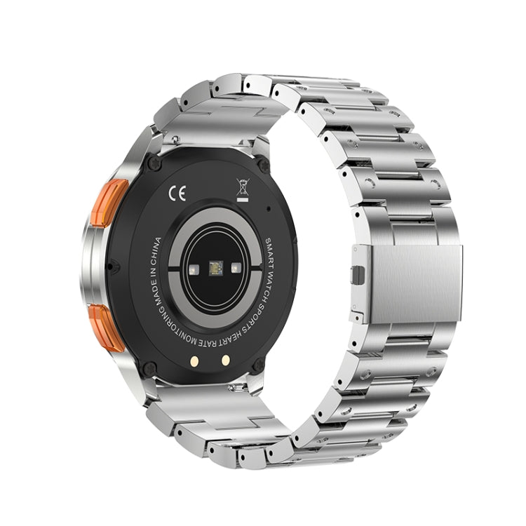 Round smart watch back view with black sensor plate and silver metal bracelet strap