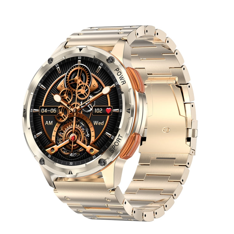 Gold round smart watch with black dial and orange gear display, metal bracelet strap