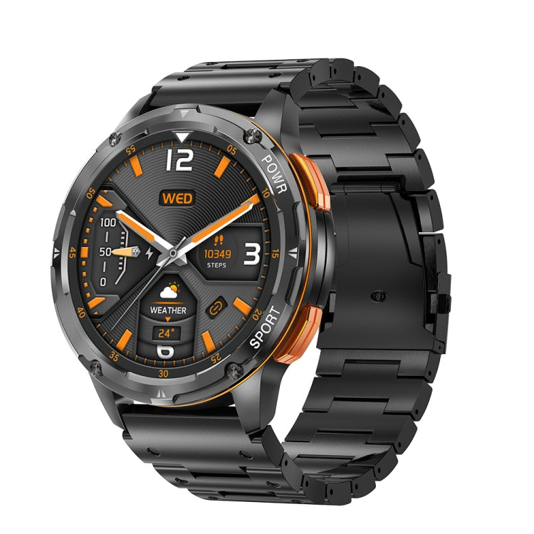 Black round smart watch with orange markers and weather icons, metal bracelet strap