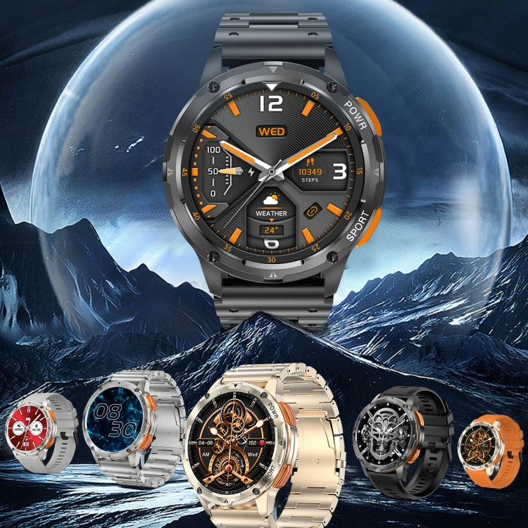 Round smart watch with orange-accent dial and metal strap, shown among multiple colors