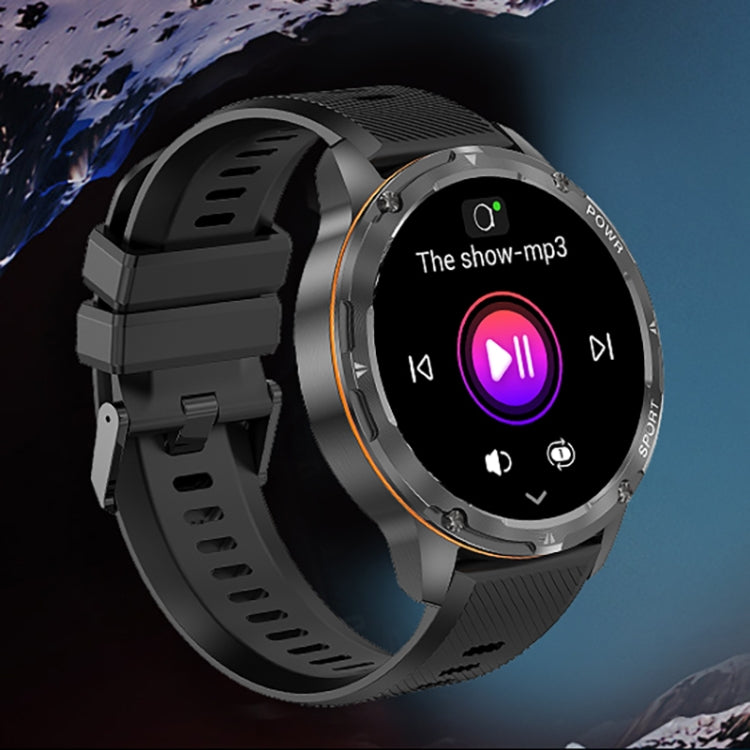 Black round smart watch showing music controls on screen, with orange bezel accents