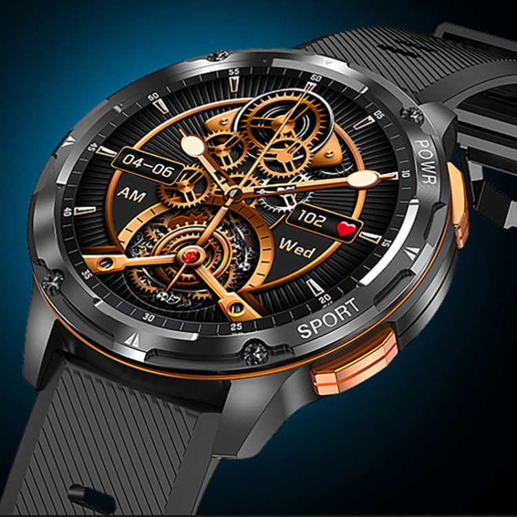 Round smart watch with orange skeleton dial, black case, ribbed strap