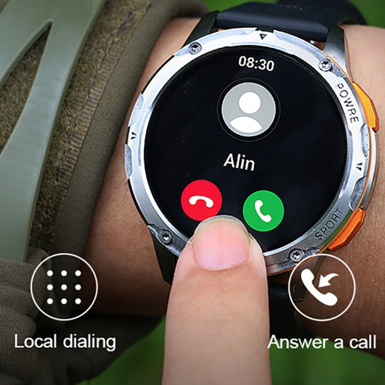 Round smart watch on wrist with black screen, call and phone icons, orange bezel accents
