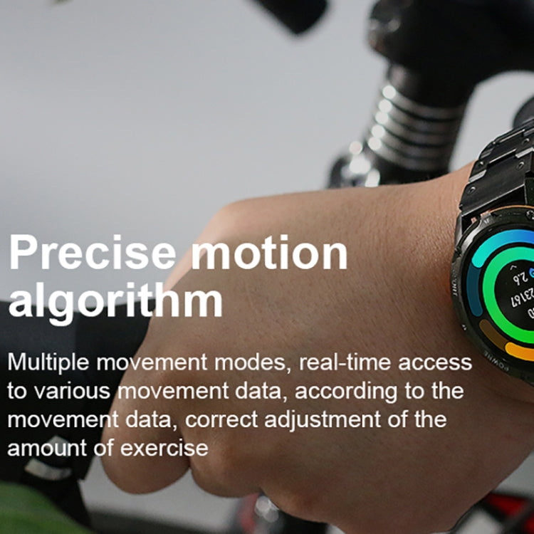 Round smart watch on wrist with green digital display and black strap