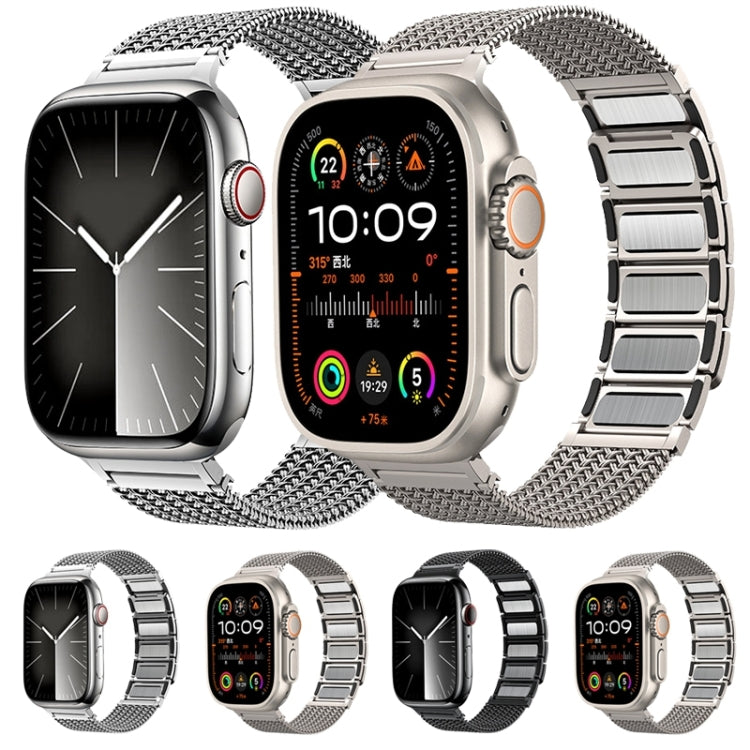 Braided chain magnetic clasp watch bands shown in silver and black with metal link plates