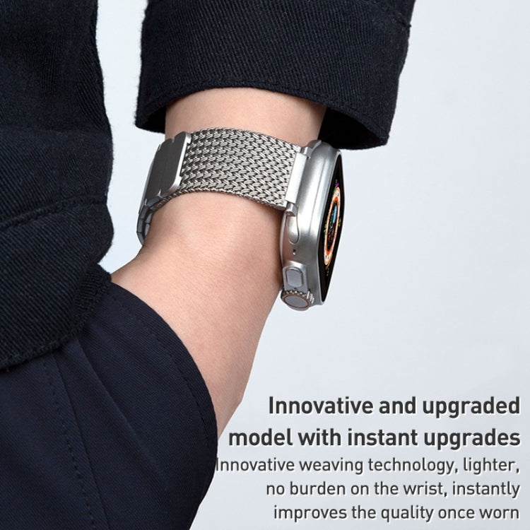 Stainless steel braided watch band with magnetic clasp, silver mesh strap on wrist