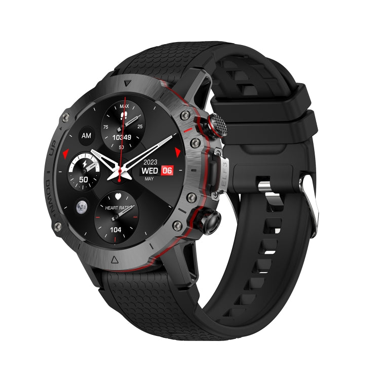 Black round smart watch with textured silicone strap and metallic bezel, active display