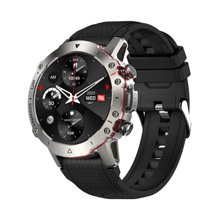 Silver case round smart watch with black textured silicone strap and heart-rate screen