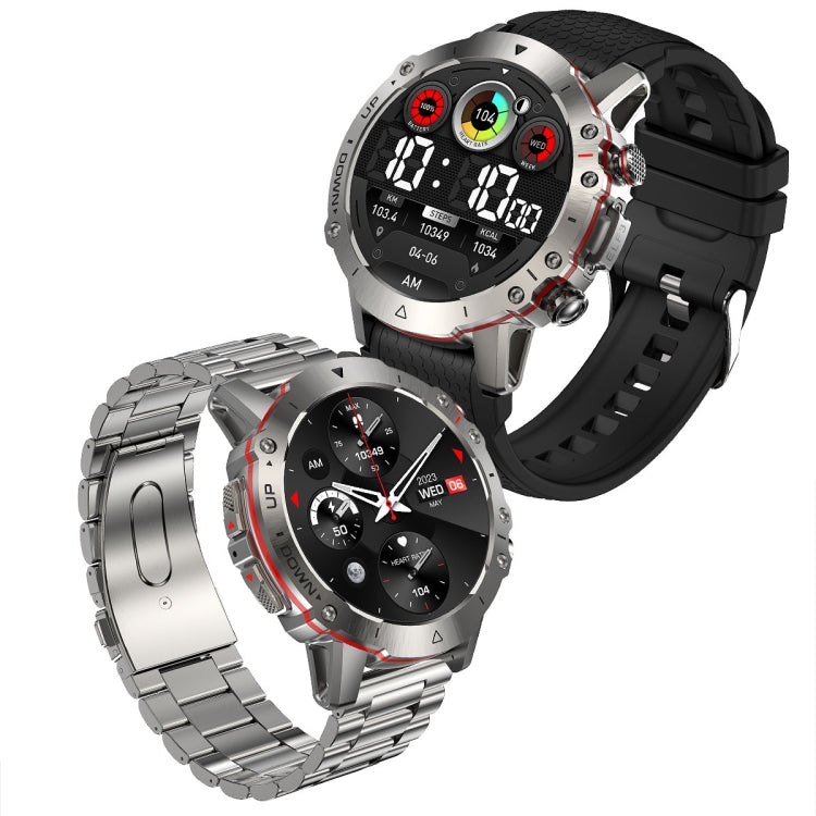Round smart watch with black silicone strap, plus silver metal-link strap model