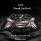 Silver round smart watch front with red accents, rugged body and sapphire-like glass