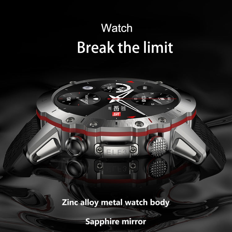 Silver round smart watch front with red accents, rugged body and sapphire-like glass