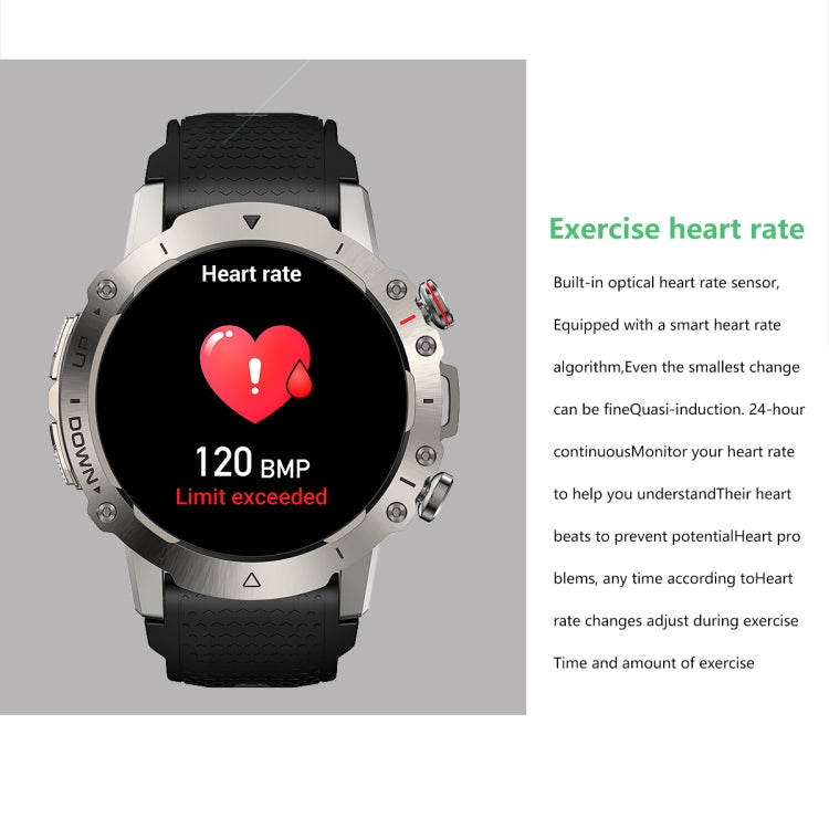 Silver-front smart watch with black textured silicone strap and heart-rate display