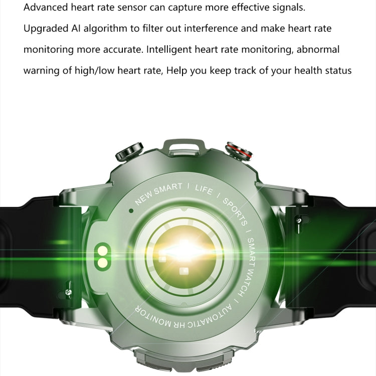 Round smart watch back showing glowing optical sensor area on metal housing