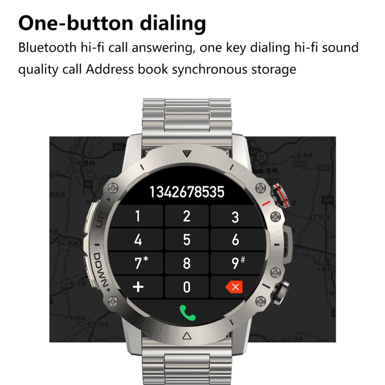 Silver smart watch with one-button dialing keypad display and metal-link band