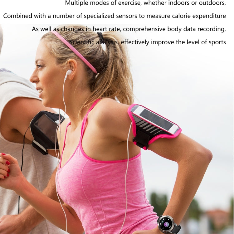 Black round-screen smartwatch on wrist with silicone sport strap