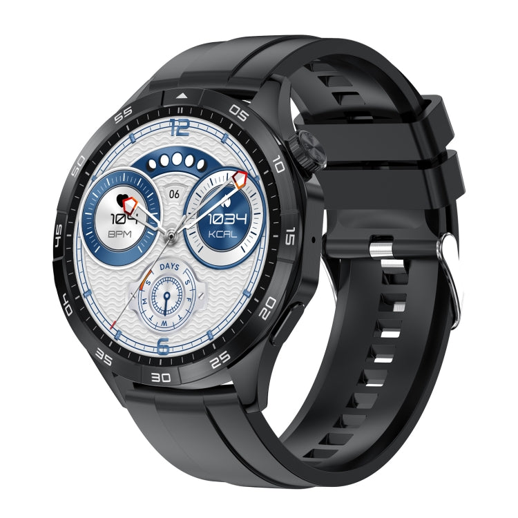 Black round smart watch with AMOLED-style fitness display and black silicone strap