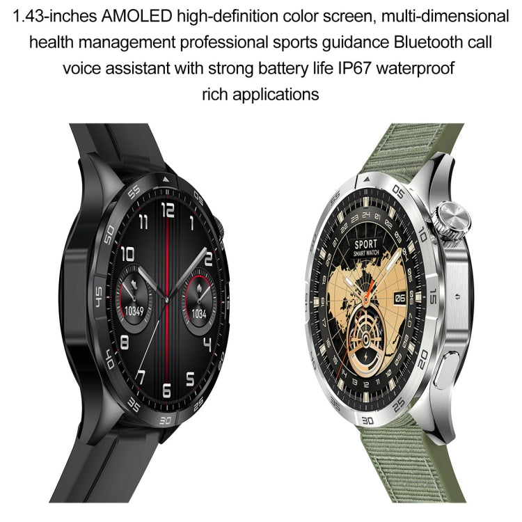 Round smart watch pair: black case with dark strap and silver case with green strap