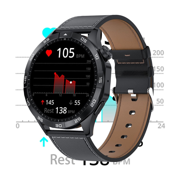 Black round smart watch with fitness display and brown leather strap