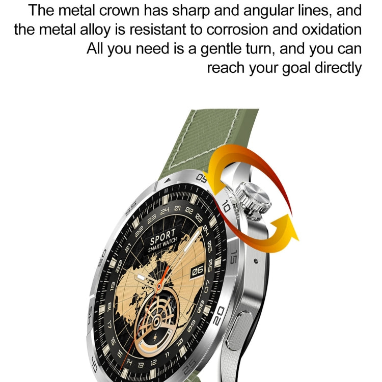 Silver-cased round smart watch with compass-style face and green fabric strap