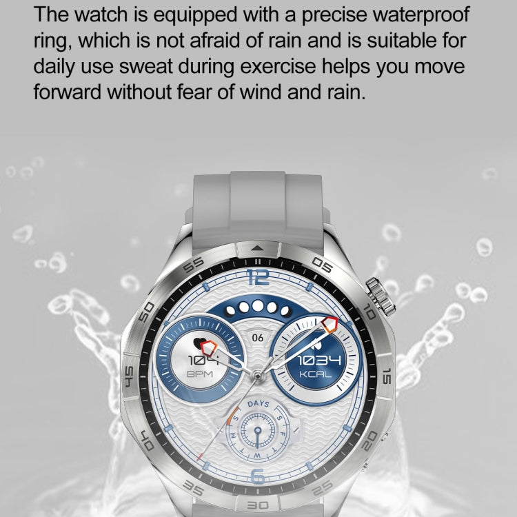 Silver round smart watch with blue fitness display and light gray silicone strap