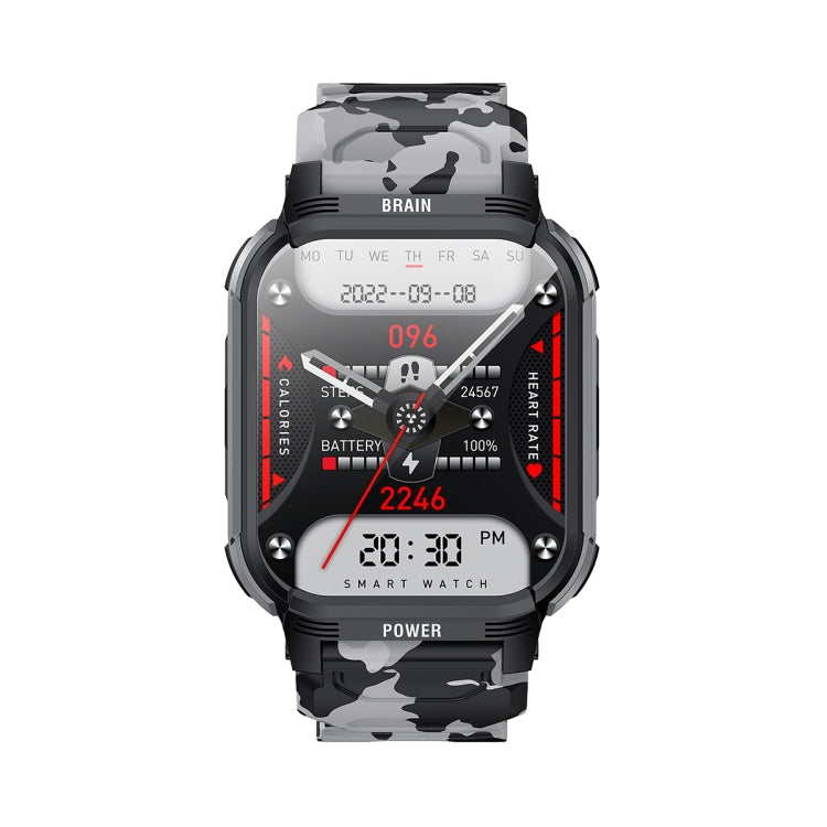 Gun black smart watch with camouflage band, front face with battery and time readouts