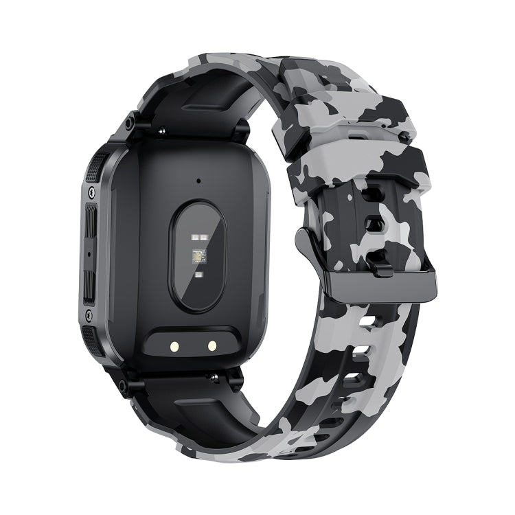 Gun black smart watch back view with charging contacts and camouflage strap