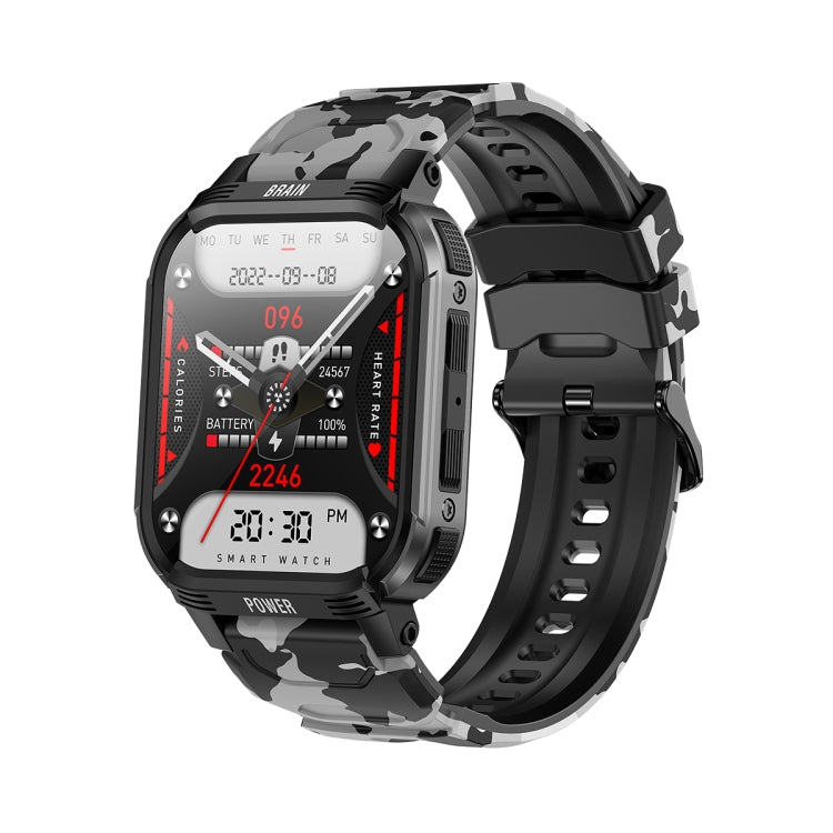 Gun black smart watch with camouflage band, front display with red indicators