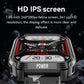 Gun black smart watch close-up showing bright digital screen and red UI