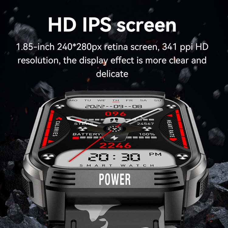 Gun black smart watch close-up showing bright digital screen and red UI