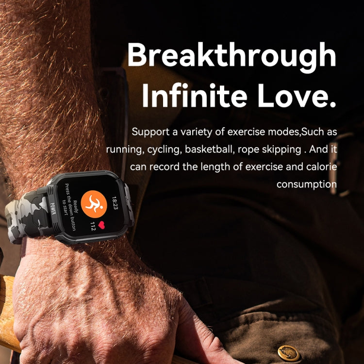 Gun black smart watch on wrist with camouflage band