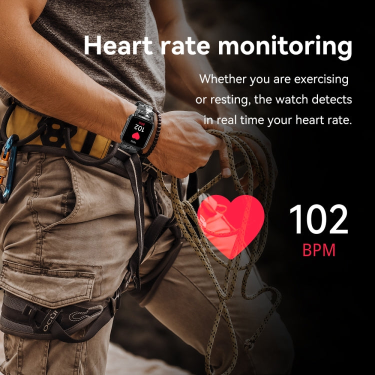 Gun black smart watch on wrist showing heart-rate screen