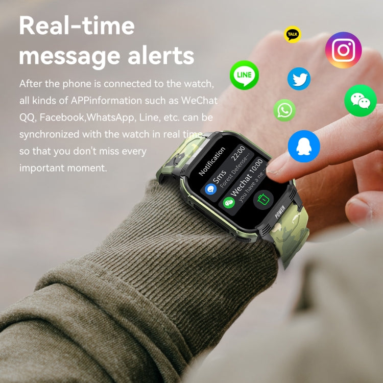 Gun black smart watch on wrist showing notification alert icons