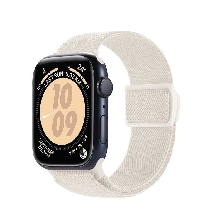 Starlight nylon watch band with snap buckle, shown on an Apple Watch