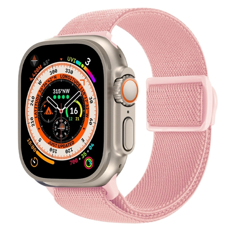 Light pink nylon Apple Watch band with textured weave and snap buckle