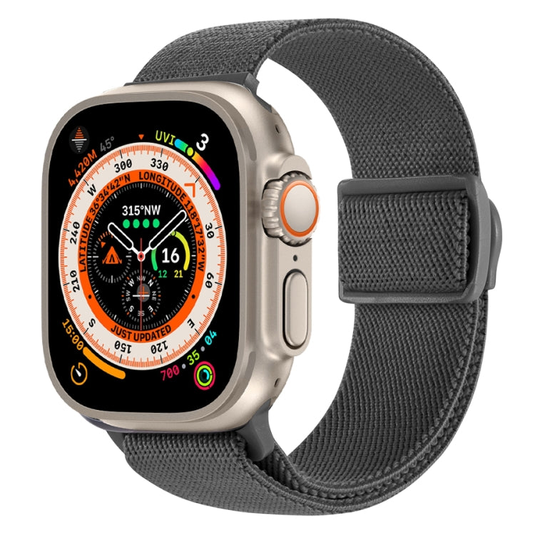 Dark gray nylon Apple Watch band with textured weave and snap buckle