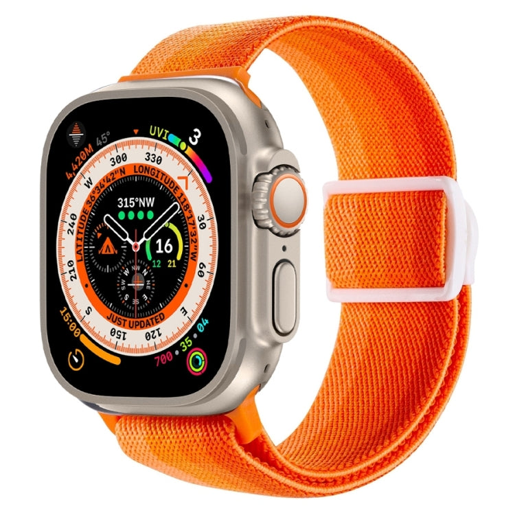 Bright orange nylon Apple Watch band with textured weave and snap buckle