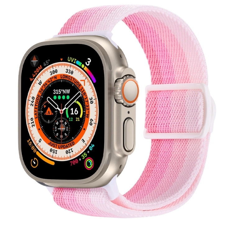 Pink and white nylon Apple Watch band with textured weave and snap buckle