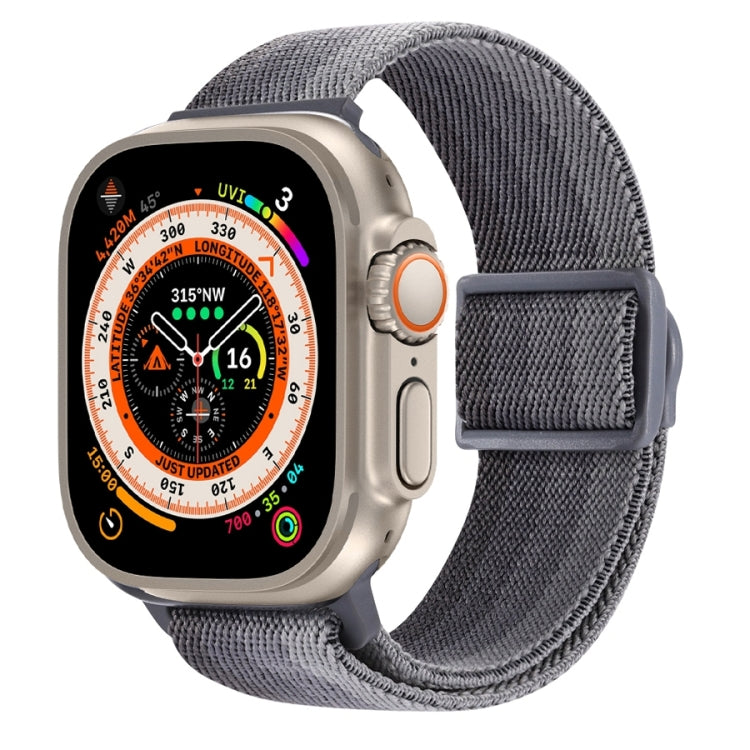 Gray nylon Apple Watch band with textured weave and snap buckle