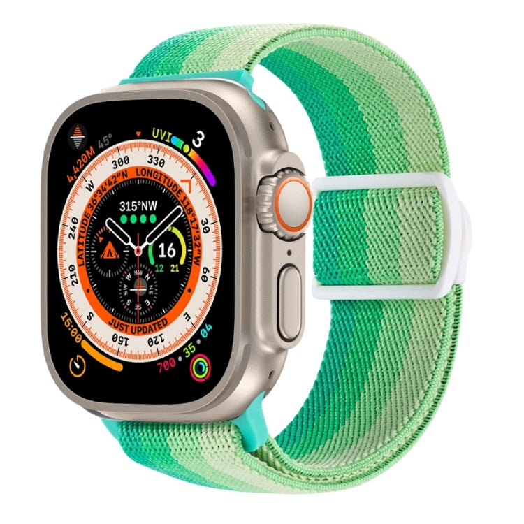 Green striped nylon Apple Watch band with textured weave and snap buckle