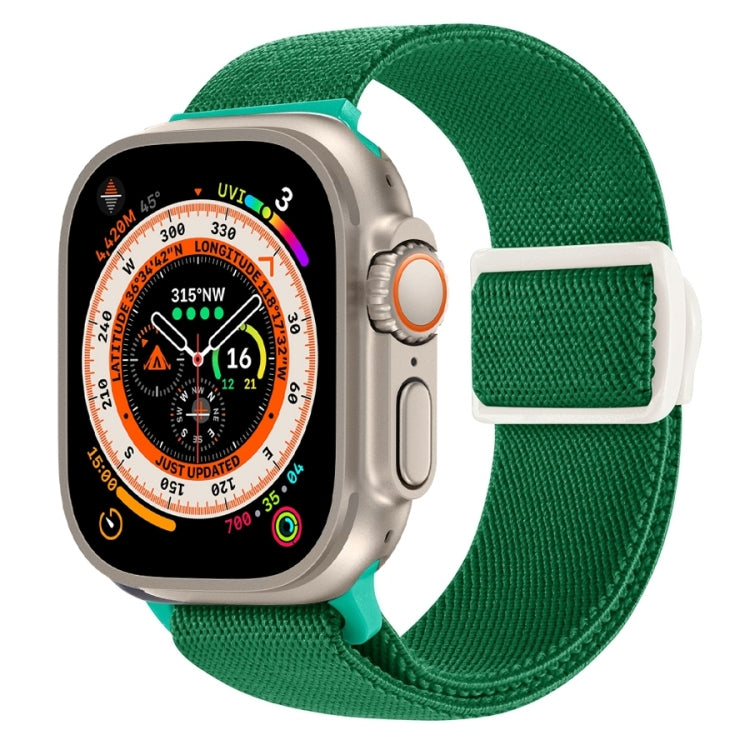 Green nylon Apple Watch band with white adjustable loop closure.