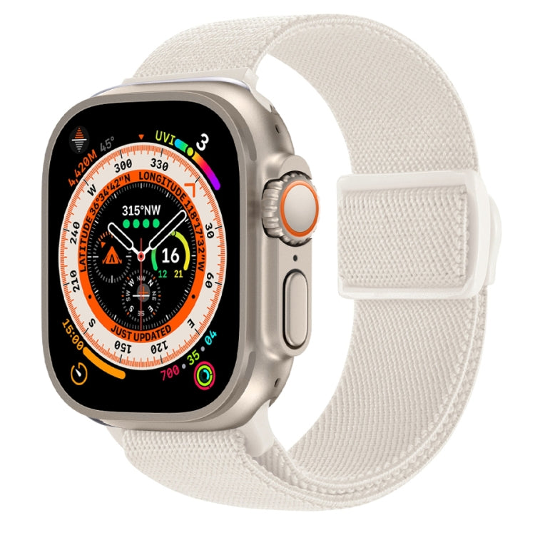 Off-white nylon Apple Watch band with adjustable loop closure.